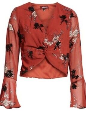 4SI3NNA Floral Twist Front Crop Top With Bell Sleeves XS New